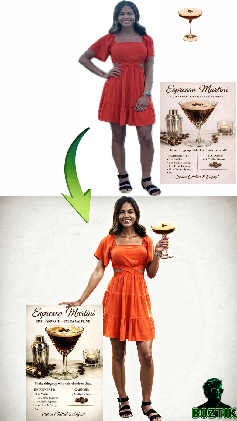 Top: a cut-out photo of a woman in an orange dress, a cocktail glass and an Espresso Martini recipe card as separate elements. Bottom: the elements combined into one image of the woman holding the glass beside the recipe card