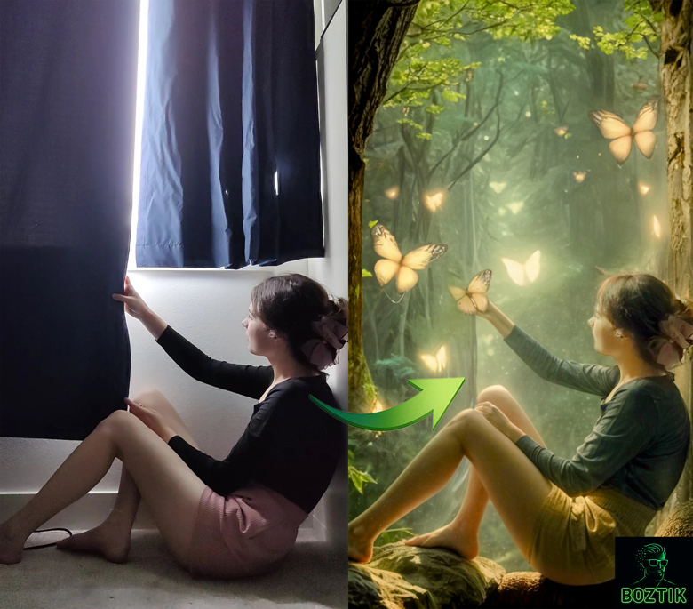 Left: a person sitting on the floor beside a window with a dark curtain. Right: the same person placed in a glowing fantasy forest with butterflies