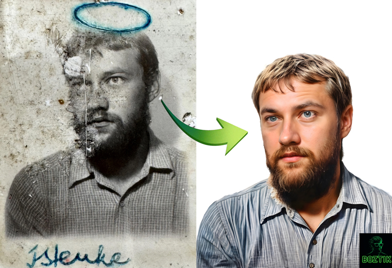 Left: a stained, scratched black-and-white portrait of a bearded man. Right: the restored, colorized version of the same portrait