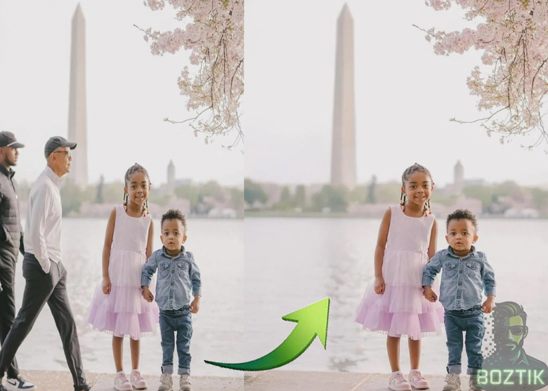 Left: two men walking through a photo of two children beside the water under cherry blossom. Right: the same photo with both men removed