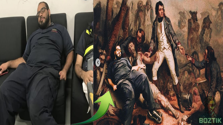 Left: a man in a dark uniform resting on a couch. Right: the same man placed into a classical painting of a crowded scene